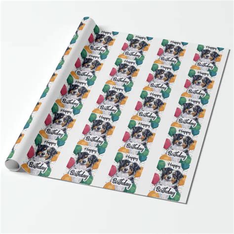 Australian Shepherd Dog With Balloons Birthday Wrapping Paper Zazzle