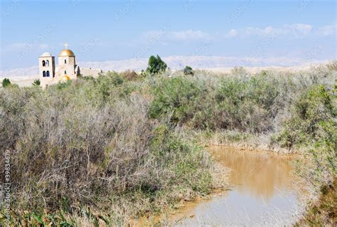 Jordan river Valley and St.John church near baptism site Stock Photo ...