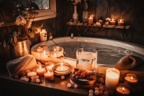 Bubble Bath Surrounded By Candles And Scents For A Relaxing And