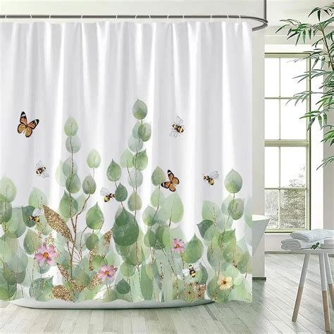 Green Leaves Shower Curtains Watercolour Eucalyptus Leaf Butterfly Pink