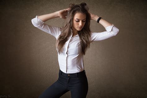 Hands On Head Simple Background White Shirt Women Arms Up Dmitry