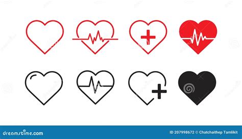 Set Of Heart Icons Red Heartbeat Line Icons On White Background Pulse