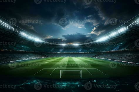 Football Soccer Field Stadium At Night And Spotlight AI Generate