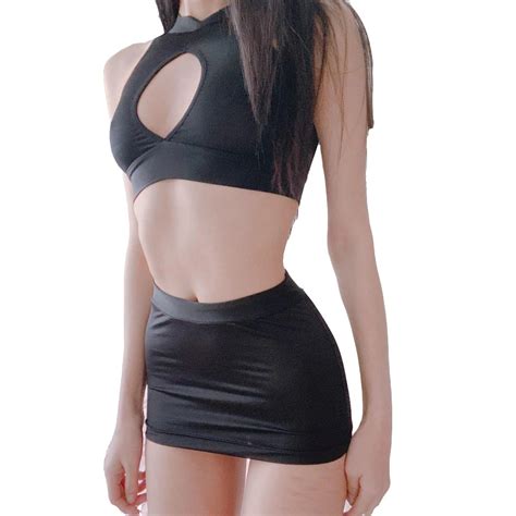 Sexy Women Stretchy Hollow Out Bust Crop Top And Micro Mini Skirt Bodycon Mini Dress Clubwear