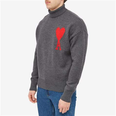 AMI Large A Heart Roll Neck Knit Grey Red END CN