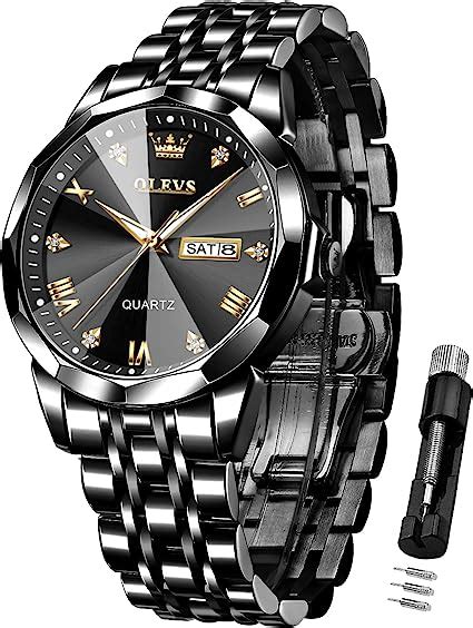 Olevs Black Watches For Men Diamond Casual Stainless Steel Luxury