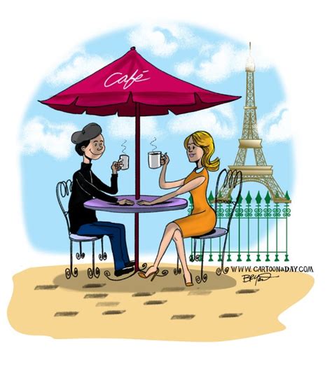 Romantic Couple In Cafe In Paris Cartoon