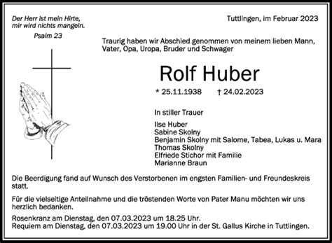 Traueranzeigen Von Rolf Huber Schwaebische De Trauerportal