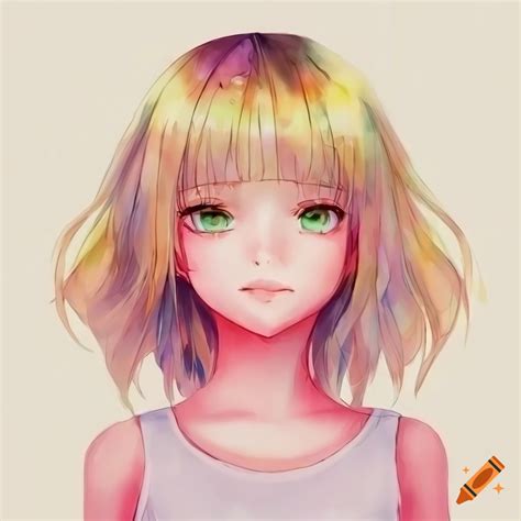 Anime Girl With Blonde Hair And Green Eyes Wearing A Light Pink