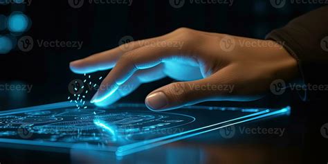 Human Hand Interacting With Technological Holograms A Man Is Touching