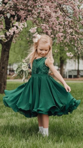 Yong Elegance Blonde Girl At Green Dress On The Garden In Spring