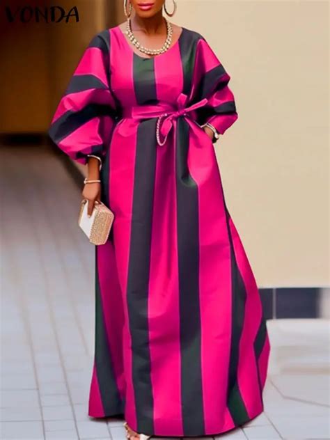 Plus Size Xl Vonda Elegant Dress Women Stripe Printed Long Maxi