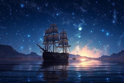 Large Sailingboat On The Sea Among The Night Sky With Many Stars