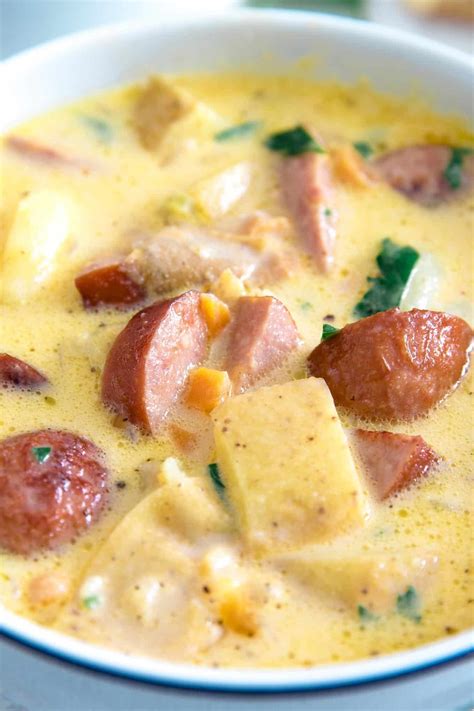 This Potato Kielbasa Soup Recipe Is Full Of Crispy Sausage Pieces And