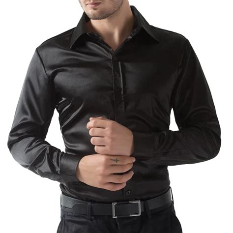 Luxury Silk Like Satin Long Sleeve Men Dress Shirt Black Wine Red