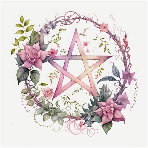 Premium Photo Watercolor Pentagram Clipart Pink Floral Pentacle