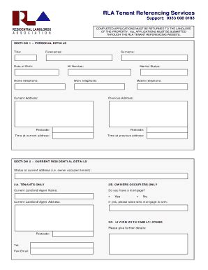 Fillable Online Application Form Rla Tenant Referencing Fax Email