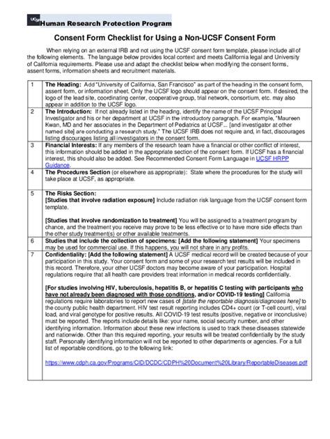 Fillable Online Irb Ucsf Irb Ucsf Edu Sites Gconsent Form Checklist For