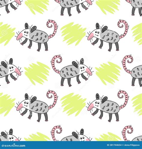 Hand Drawn Seamless Pattern With Opossums And Spots Perfect Print For