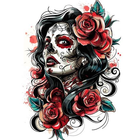 Day Of The Dead Sugar Skull Woman With Red Roses Vector Illustration