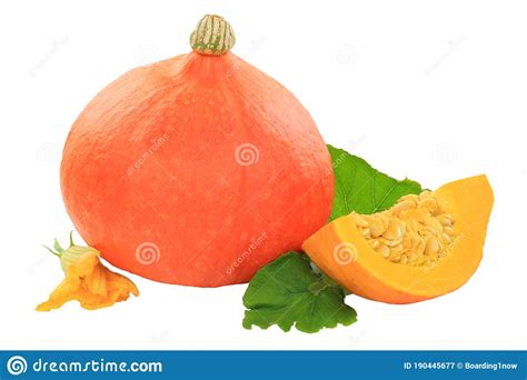 Pumpkin Hokkaido Vegetable With Leaves Fresh Isolated On White Stock