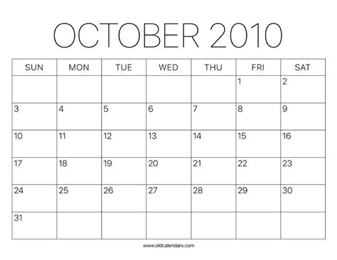 2010 Calendar October – Printable Old Calendars