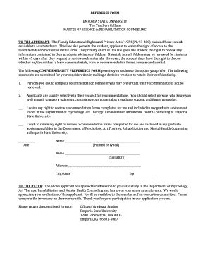 Fillable Online Emporia REFERENCE FORM EMPORIA STATE UNIVERSITY The