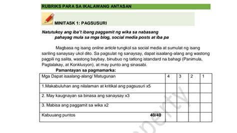 [solved] Rubriks Para Sa Ikalawang Antasan Minitask 1 Pagsusuri Course Hero