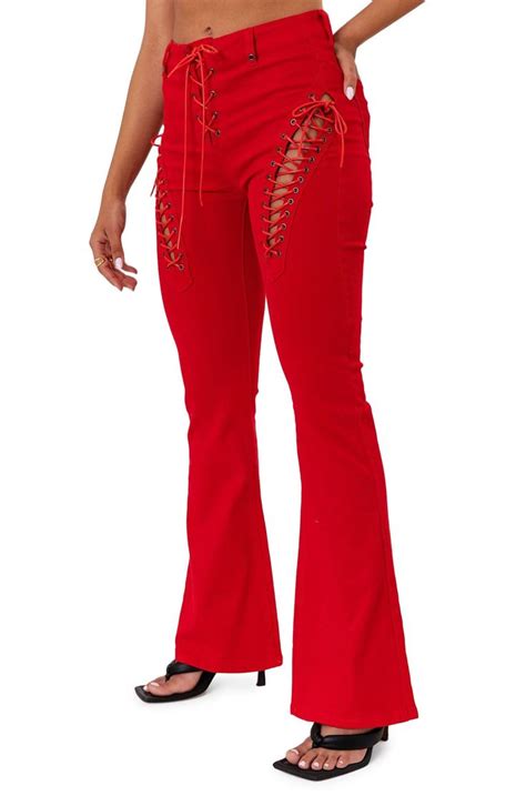 Edikted Engine Red Lace Up High Waist Flare Jeans Nordstrom