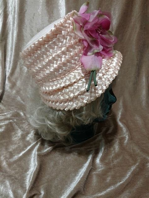 Vintage Straw Hat S S Pink Satin With Fushia Gem