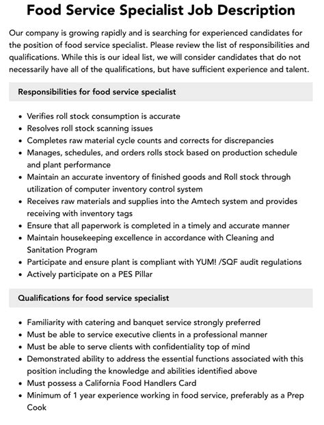 Food Service Specialist Job Description Velvet Jobs