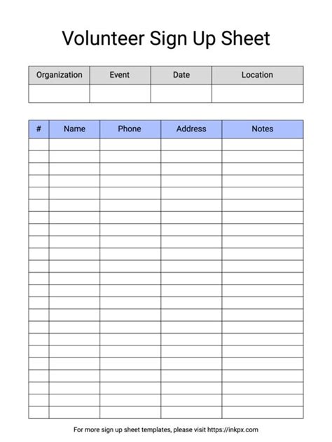 Printable Event Style Volunteer Sign Up Sheet Template