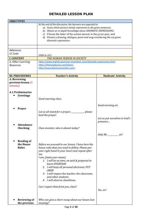 Detailed Lesson Plan Final Detailed Lesson Plan Objectives At The End Of The Discussion The