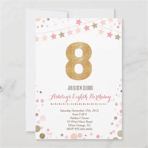 Gold Glitter Eighth Birthday Invitation Zazzle