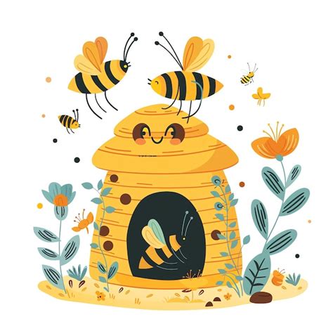 Cute Beehive With Bee Buzzing Around Illustration Premium Ai