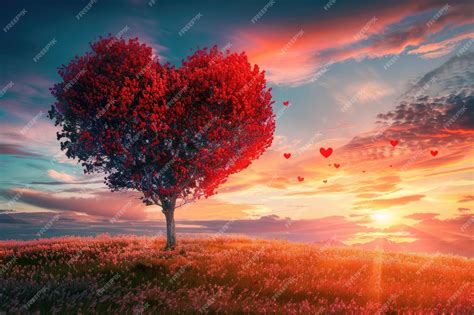 Premium Photo Red Heart Tree In Spring Landscape With Love Background