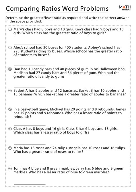 Ratio Word Problems Worksheets Math Monks