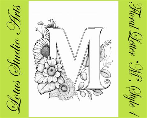 Floral Letter M Coloring Page Style 1 Downloadable Printable Alphabet