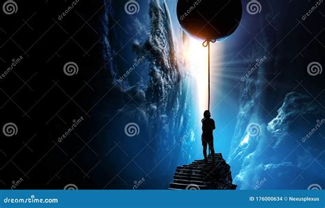 kid catching moon mixed media stock photo image  pull hand