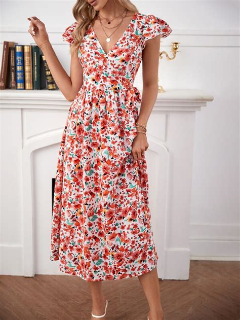 Shein Floral Print Butterfly Sleeve Wrap Knot Side Dress Shein Usa