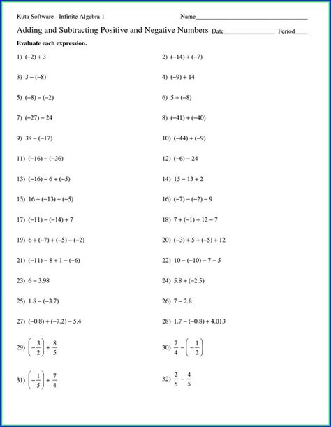 Addition And Subtraction Of Rational Numbers Worksheet Printable And