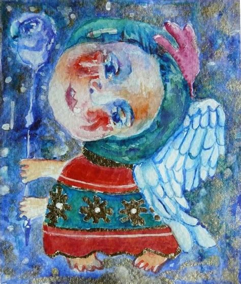 A Painting Of An Angel With Blue Wings And A Red Dress On It S Chest