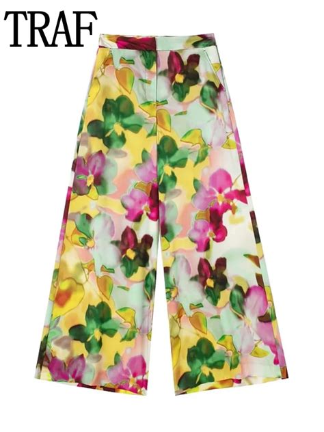 Traf Print Pants For Women High Waist Wide Leg Pants Sets Casual Streetwear Palazzo Summer