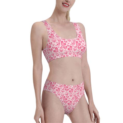 Noikeo Pink Heart Pattern Bikini Set For Women Two Piece Swimsuits Low Rise Bathing Suits