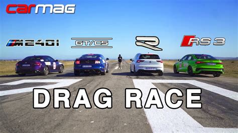 Drag Race Bmw M240i Xdrive Vs Ford Mustang California Special Vs Volkwsagen Golf 8 R Vs Audi Rs