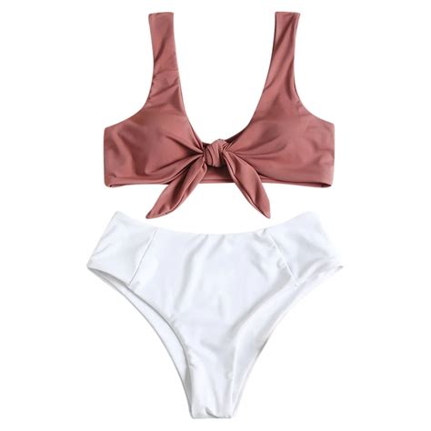 Front Bow Tie Color Blocking Bikini Set Push Up Swimwear Padded 2018