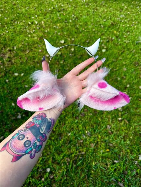 Pink Strawberry Cow Ears With White Horns And Optional Bows Etsy