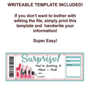 Mani Pedi Gift Ticket Mani Pedi Printable Certificate Editable Mani