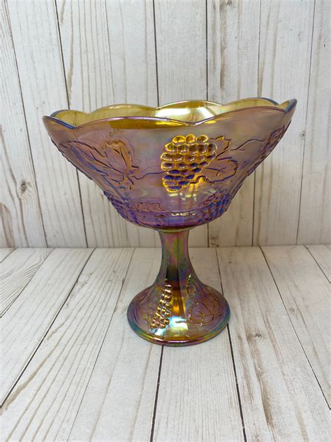 Marigold Orange Carnival Glass Pedestal Bowl Indiana Glass Etsy