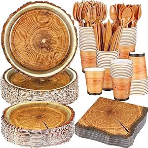 Amazon Durony 350 Pieces Camping Wood Grain Slice Tableware Set